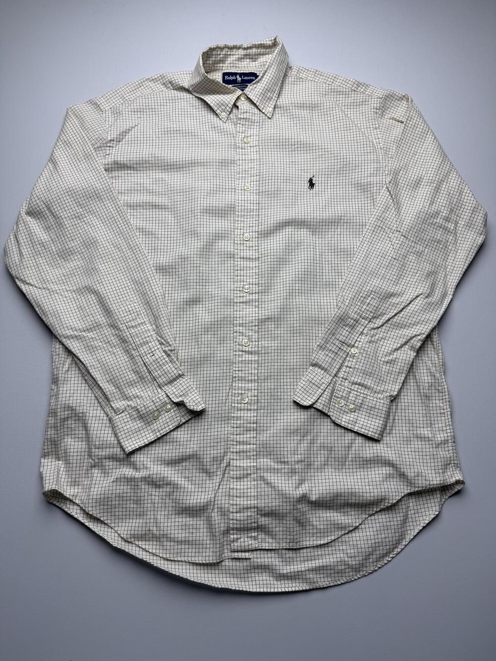 Vintage Ralph Lauren Dress Shirt Mens 16 34/35 Beige Check Button Down Classic